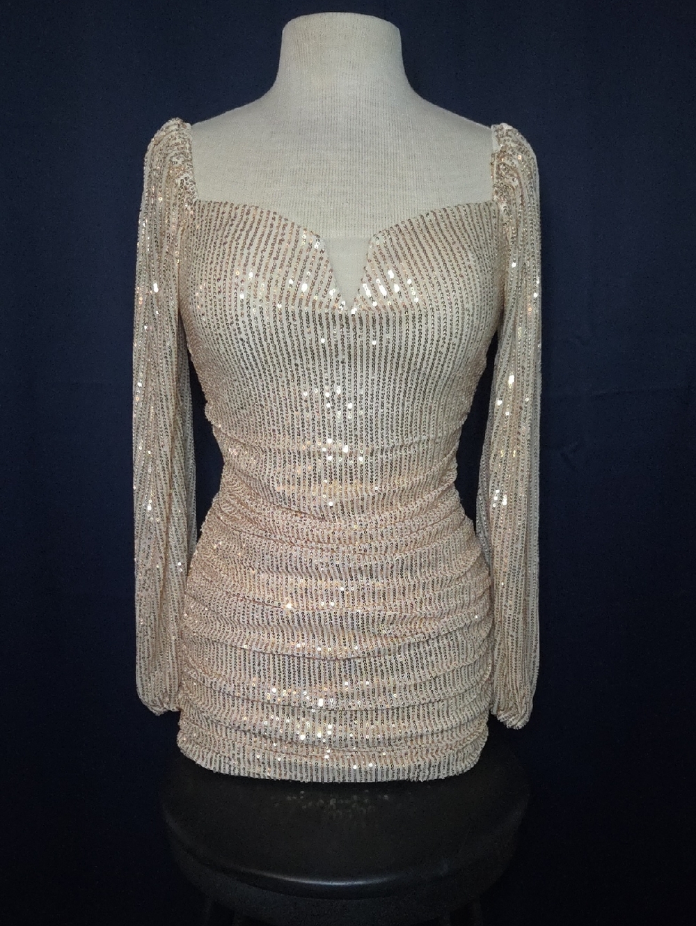 Sequin Long Sleeve Nude Bodycon Mini Dress